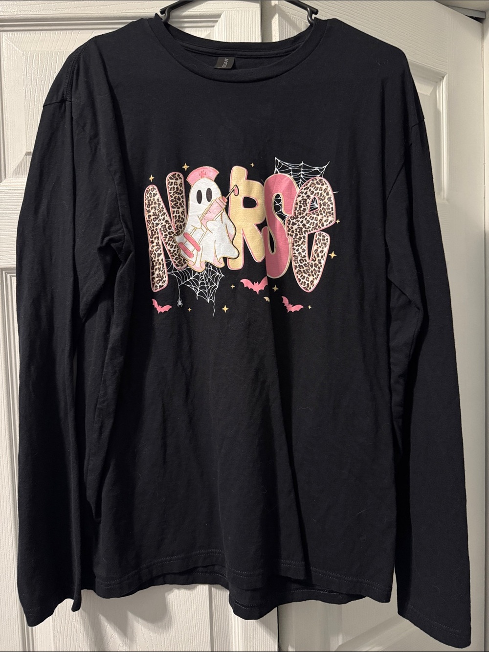 Gildan Black Long-Sleeve Tee with Pink Leopard “Nurse” Graphic